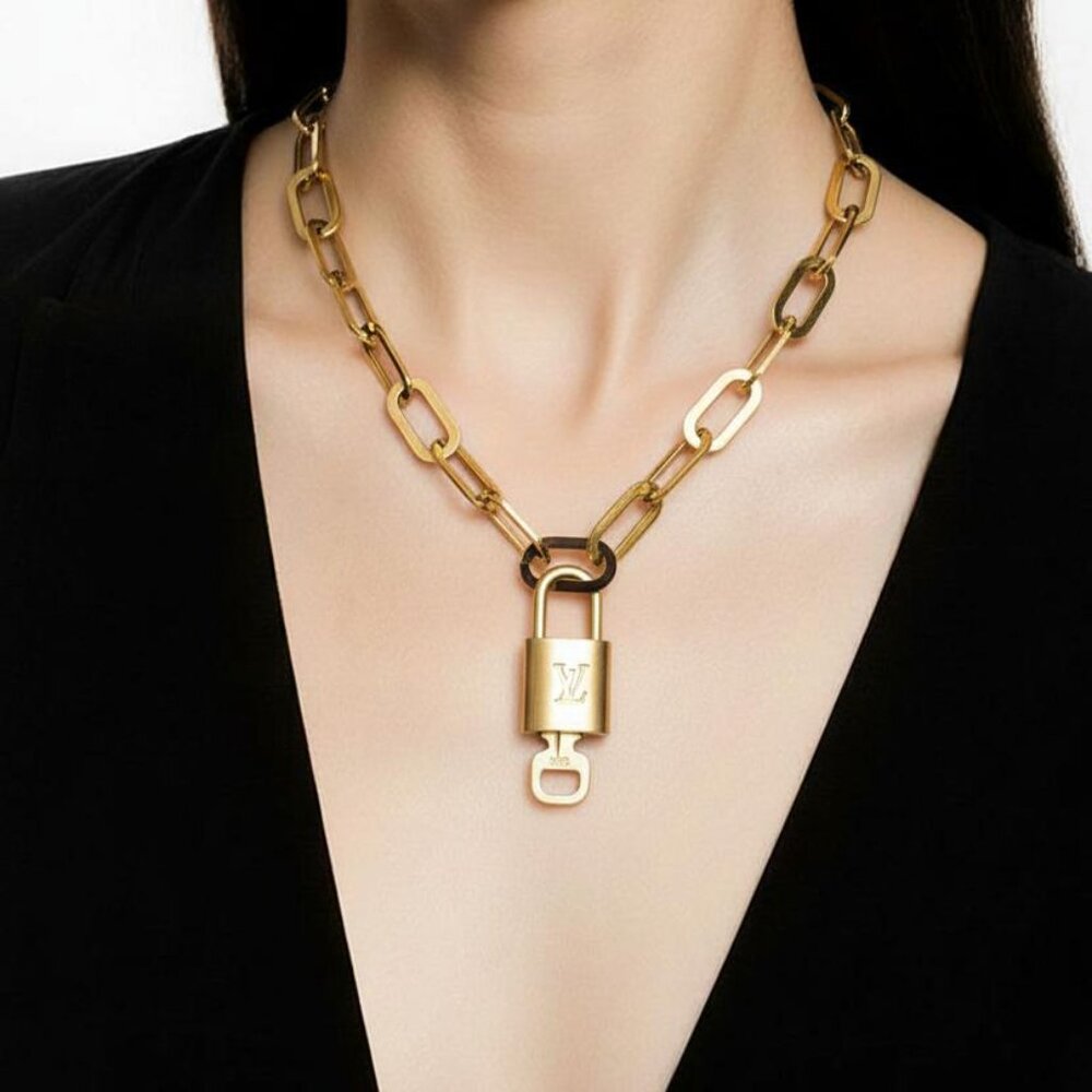 Authentic Louis Vuitton GoldPadlock w/Unbranded Stainless Steel Paper Clip Chain